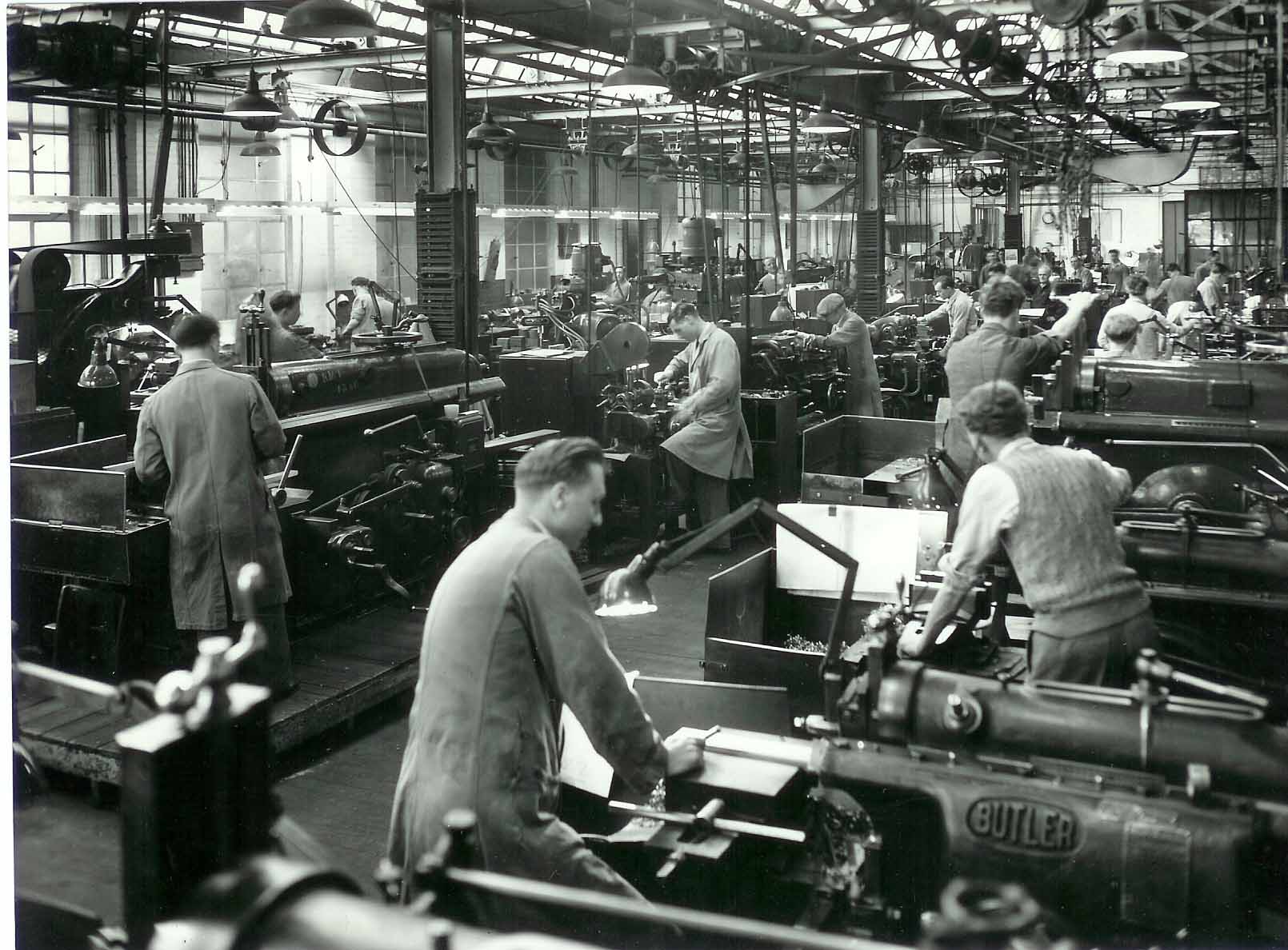 Crittall employees working on building steel windows in old factory
