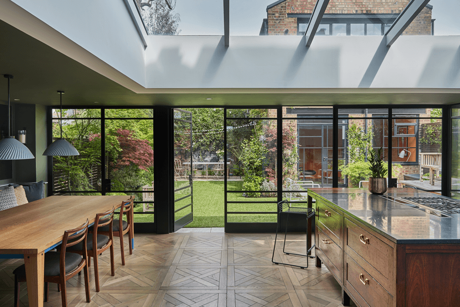 Open plan kitchen with french doors