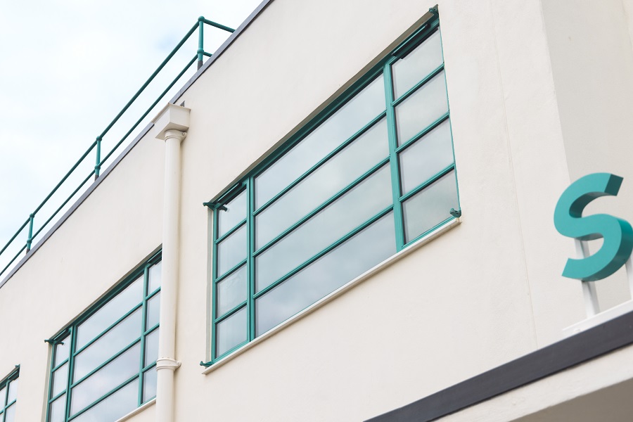 Blue steel windows on historic Lido