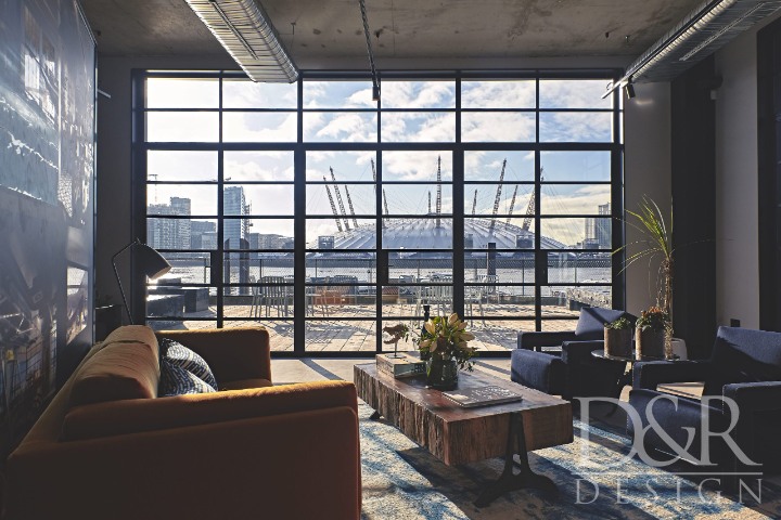 Black steel doors looking over London O2