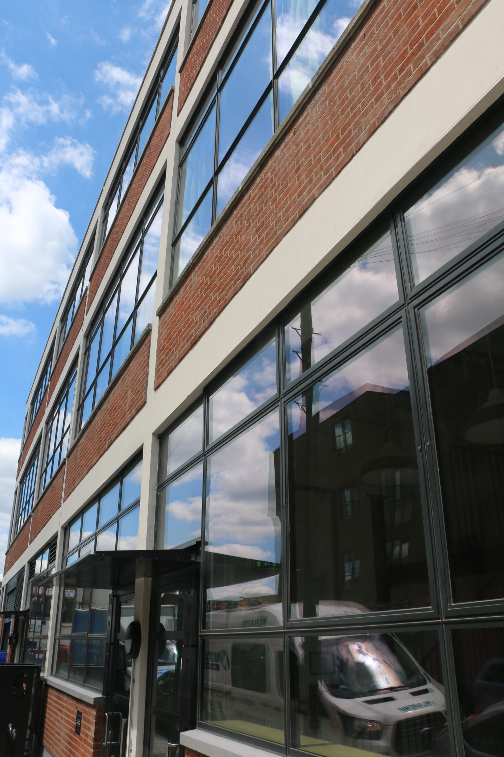 White steel curtain walling