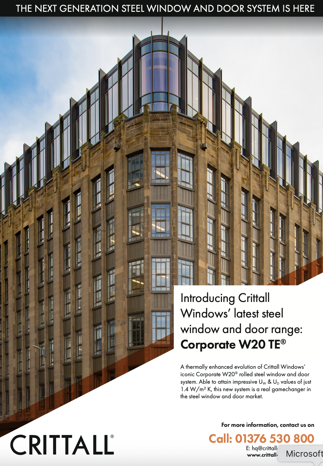 Front cover of a specification sheet for Crittall Windows W20 TE profile